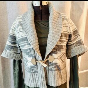Aztec Shawl Collar Sweater Gray Cream Knit Toggle Button Cozy Boho Medium
